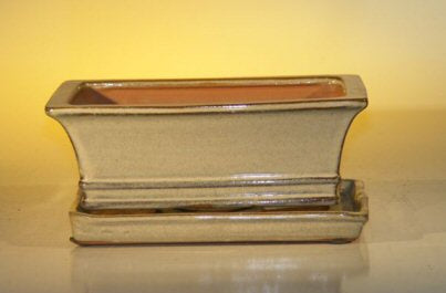 Beige Ceramic Bonsai Pot - Rectangle With Attached Humidity/Drip tray 8.5" x 6.5" x 3.5" - Culture Kraze Marketplace.com