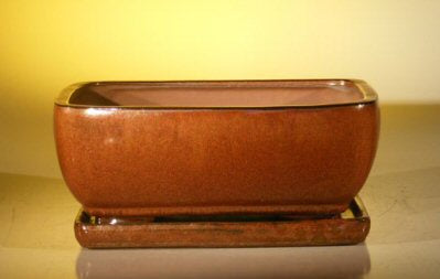 Aztec Orange Ceramic Bonsai Pot - Rectangle  Professional Series with Attached Humidity/Drip tray   10.5" x 8.0" x 4.5" - Culture Kraze Marketplace.com
