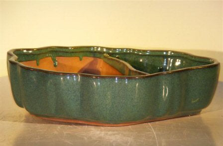 Blue/Green Ceramic Bonsai Pot with Scalloped Edges - Land/Water Divider   9.5" x 7.5" x 2.25" - Culture Kraze Marketplace.com