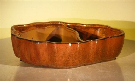 Aztec Orange Ceramic Bonsai Pot - Oval with Scalloped Edges - Land/Water Divider    9.5" x 7.5" x 2.25" - Culture Kraze Marketplace.com