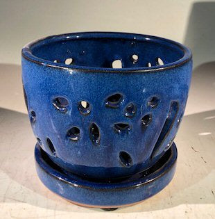 Blue Ceramic Orchid Pot - Round  With Attached Humidity Drip Tray 6" x 6" x 4.5" tall - Culture Kraze Marketplace.com