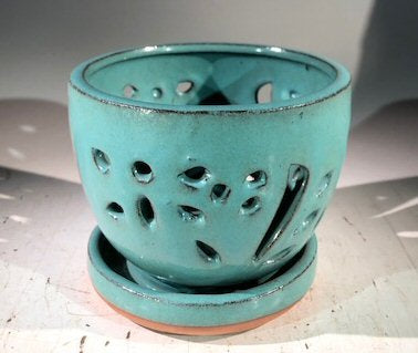 Light Blue Ceramic Orchid Pot - Round  With Attached Humidity Drip Tray 6" x 6" x 4.5" tall - Culture Kraze Marketplace.com