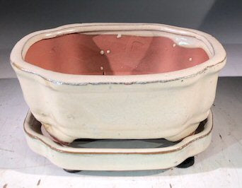 Beige Ceramic Bonsai Pot -Rectangle With Humidity Drip Tray 6" x 5" x 2.5" - Culture Kraze Marketplace.com