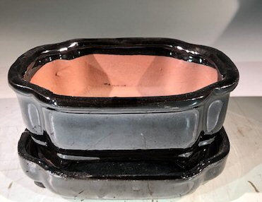 Black Ceramic Bonsai Pot -Rectangle With Humidity Drip Tray 6" x 4.5" x 2.5" - Culture Kraze Marketplace.com
