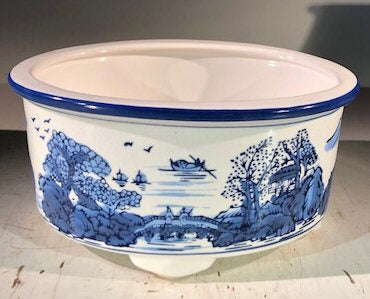 Blue on White Porcelain Bonsai Pot - Oval 8.5" x 6.5" x 4" - Culture Kraze Marketplace.com