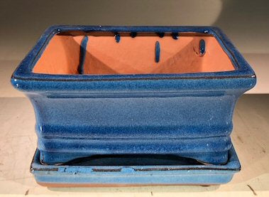 Blue Ceramic Bonsai Pot -Rectangle With Humidity Drip Tray 6" x 4.5" x 3" - Culture Kraze Marketplace.com