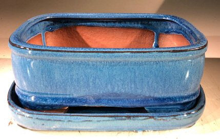 Blue Ceramic Bonsai Pot - Rectangle With Humidity Drip Tray 7" x 5.5" x 3" - Culture Kraze Marketplace.com