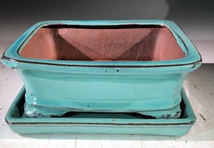 Light Blue Ceramic Bonsai Pot - Rectangle With Humidity Drip Tray 7" x 5.5" x 3" - Culture Kraze Marketplace.com