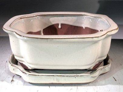 Beige Ceramic Bonsai Pot - Rectangle With Humidity Drip Tray 8" x 6" x 3" - Culture Kraze Marketplace.com