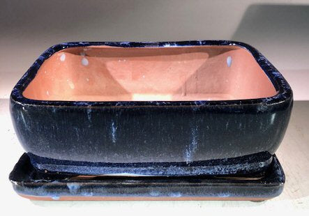 Marble Blue Ceramic Bonsai Pot - Rectangle With Humidity Drip Tray 8" x 6" x 3" - Culture Kraze Marketplace.com
