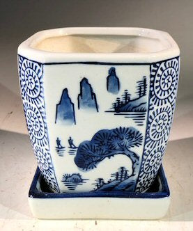 Blue on White Porcelain Bonsai Pot - Square  With Attached Humidity Drip Tray  4" x 4" x 4"" - Culture Kraze Marketplace.com