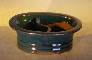 Dark Blue Ceramic Bonsai Pot - Oval Land/Water Divider   8.0" x 6.0" x 3.0" OD 6.5" x 5.0" x 2.5" ID - Culture Kraze Marketplace.com