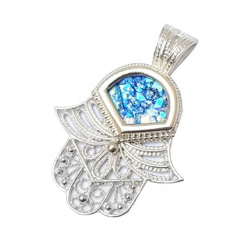 Open Filigree on Sterling Silver Hamsa Pendant Necklace and Angular Roman Glass - Culture Kraze Marketplace.com