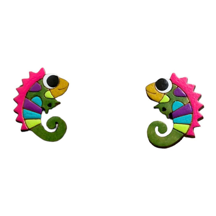 <center>Colorful Chameleon Gourd Earrings w/ Posts</br>Measures 3/4" tall x 1/2" wide</br>Handmade in Colombia</center>