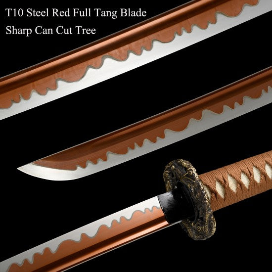 HanBon Forge Samurai Katana Sword Real T10 steel Full Tang Red Blade Dragon Koshirae - Culture Kraze Marketplace.com