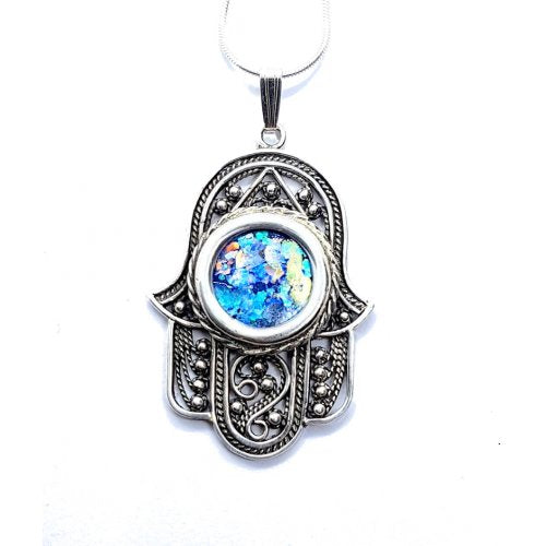 Roman Glass Sterling Silver Hamsa Pendant Necklace with Beaded Filigree - Culture Kraze Marketplace.com