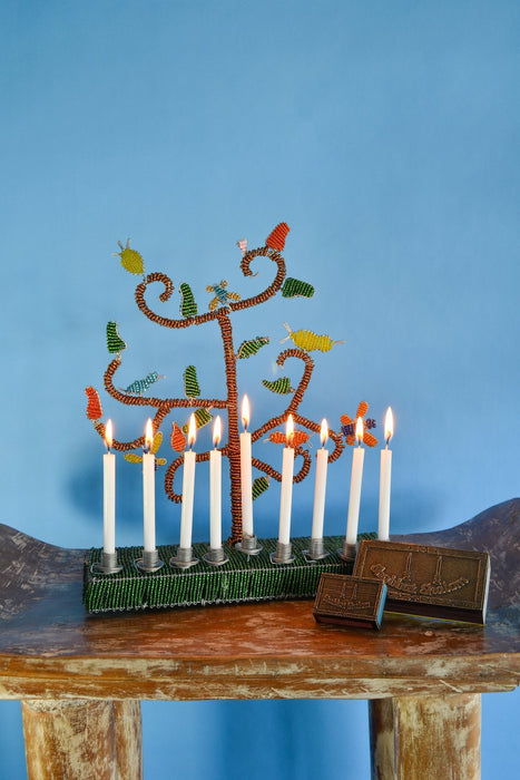 African Tree of Life Beaded Hanukkah Menorah with Red Base - Culture Kraze Marketplace.com
