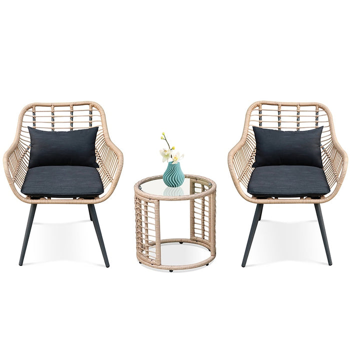 3PCS Outdoor Patio Wicker Rattan Lounge Chair Set Conversation Set with Round and Square Glass Top Coffee Side Table - Culture Kraze Marketplace.com