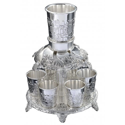 Silver Plated Kiddush Fountain with 6 Cups, Small - Jerusalem and Hamsa Design - Culture Kraze Marketplace.com