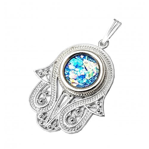 Sterling Silver Hamsa Pendant Necklace with Filigree Work and Roman Glass - Culture Kraze Marketplace.com