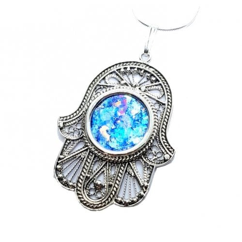 Sterling Silver Hamsa Pendant Necklace with Roman Glass and Open Filigree - Culture Kraze Marketplace.com