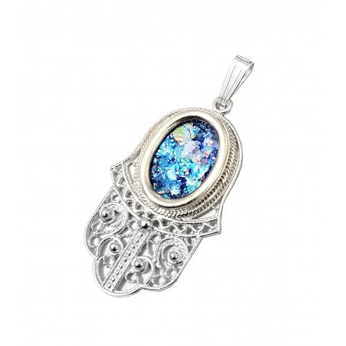 Sterling Silver Hamsa Pendant Necklace with Roman Glass and Scrolling Filigree - Culture Kraze Marketplace.com