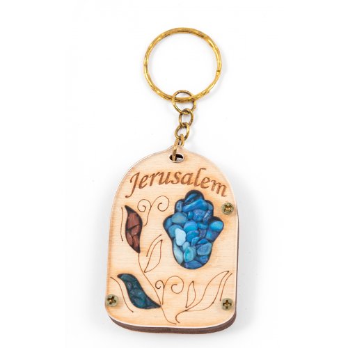 Wood Jerusalem Key Chain with Semi-Precious Stones - Leaf and Hamsa Design - Culture Kraze Marketplace.com