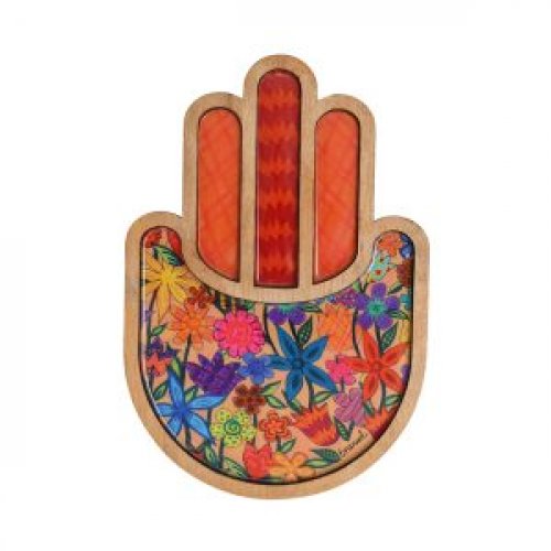 Two-Layer Wood Wall Hamsa, Enamel Finish - Colorful Floral Display - Culture Kraze Marketplace.com