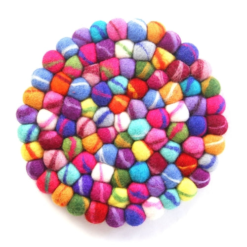 Hand Crafted Felt Ball Trivets from Nepal: Round, Rainbow - Global Groove (T) - Culture Kraze Marketplace.com