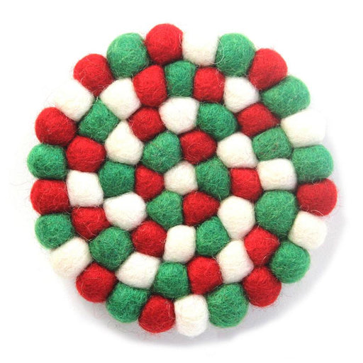 Hand Crafted Felt Ball Coasters from Nepal: 4-pack, White Christmas Multicolor - Global Groove (T) - Culture Kraze Marketplace.com