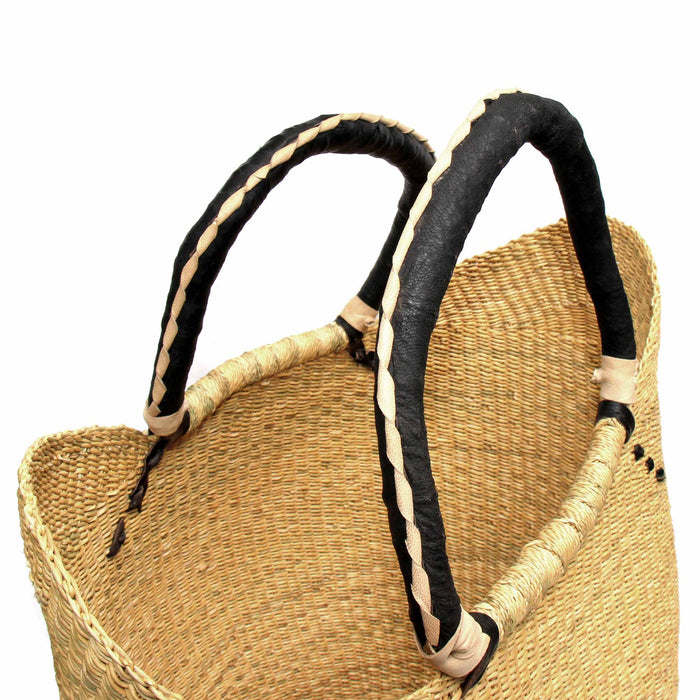 Bolga Tote, Natural with Black Accent and Leather Handle - 18-inch - Culture Kraze Marketplace.com