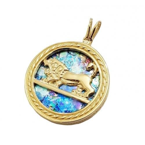 14K Gold Round Pendant with Roman Glass and Lion of Judah Motif - Culture Kraze Marketplace.com
