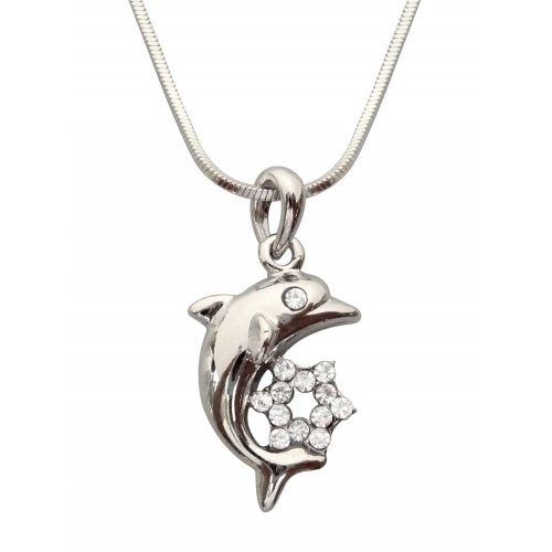 Rhodium Pendant Necklace - Dolphin with Gleaming Colored Star of David - Culture Kraze Marketplace.com