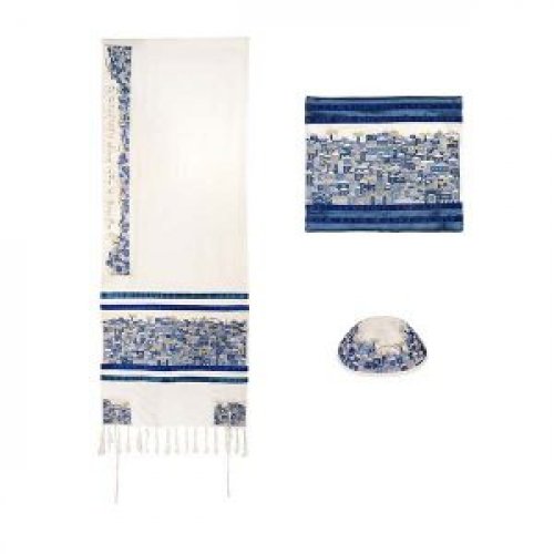 Yair Emanuel Embroidered Cotton Tallit Set - Jerusalem in Blue - Culture Kraze Marketplace.com