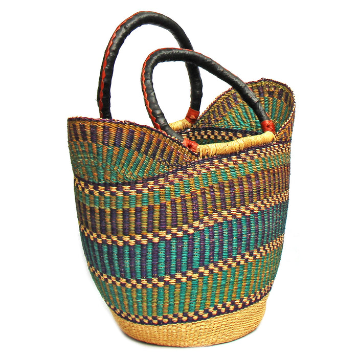 Bolga Tote, Mixed Colors with Leather Handle - 18-inch - Culture Kraze Marketplace.com