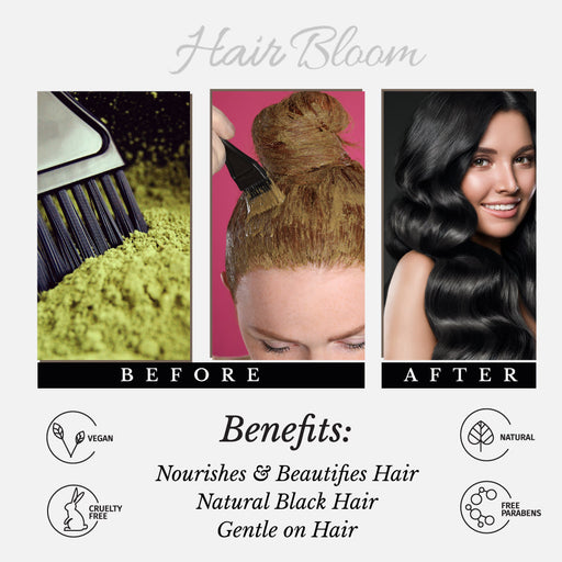Hair Bloom Natural Jet Black Hair Color- Indigo Powder w/ Mixed Himalayan Herbs Hair Color Powder- 12 individual sachets (10 gm each)- Reusable Brush & Tray Included-1