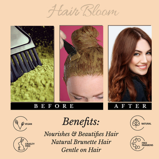 Hair Bloom Natural Brunette Hair Color- Herbal Henna & Indigo Mix Hair Color Powder- 12 individual sachets (10 gm each)- Reusable Brush & Tray Included-1