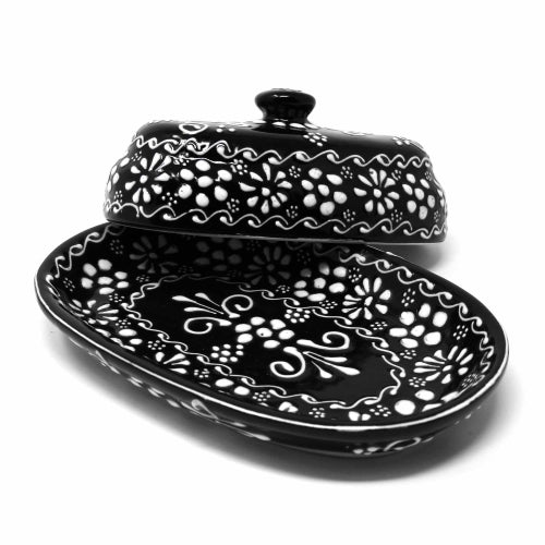 Mexican Handmade Pottery Butter Dish, Black & White - Culture Kraze Marketplace.com