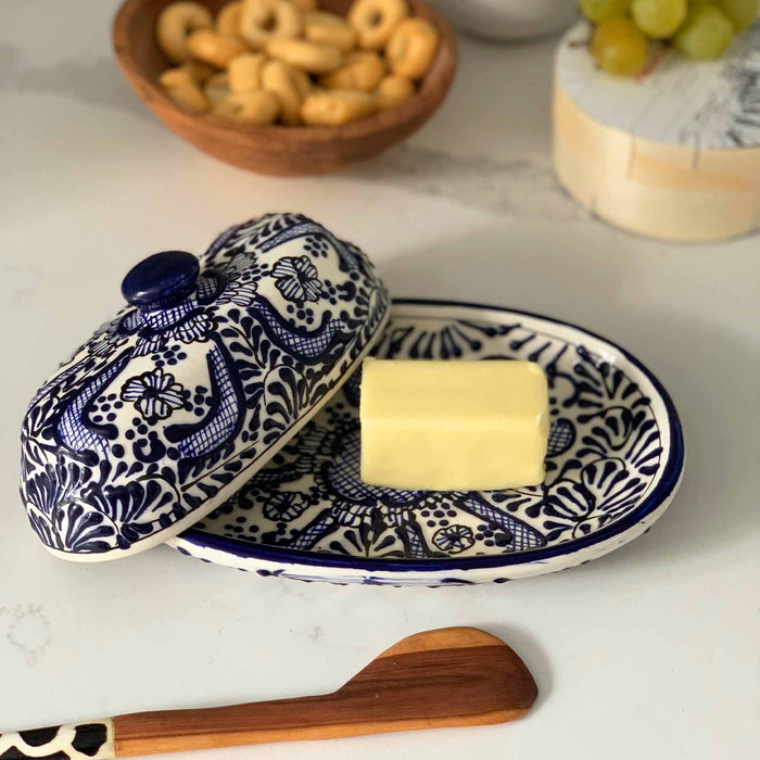 Handmade Pottery Butter Dish, Blue Flower - Encantada - Culture Kraze Marketplace.com