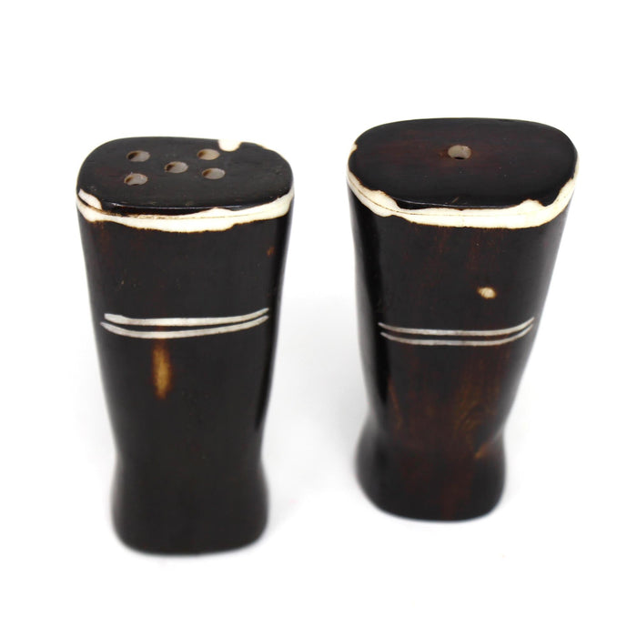 African Natural Bone Salt & Pepper Shakers, White Etch Design on Dark - Culture Kraze Marketplace.com