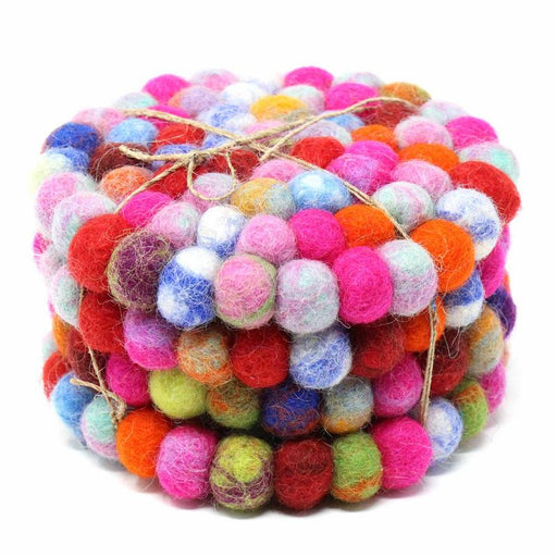 Hand Crafted Felt Ball Coasters from Nepal: 4-pack, Rainbow - Global Groove (T) - Culture Kraze Marketplace.com