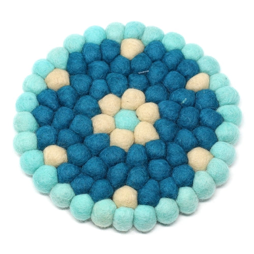 Hand Crafted Felt Ball Trivets from Nepal: Round Flower Design, Turquoise - Global Groove (T) - Culture Kraze Marketplace.com