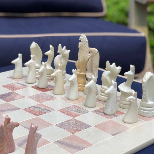 Hand Carved Soapstone Animal Chess Set - 15" Board - Smolart - Culture Kraze Marketplace.com
