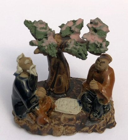 Miniature Ceramic Figurine  Two Men Sitting at a Table Under a Tree  Blue & Brown Color - Culture Kraze Marketplace.com