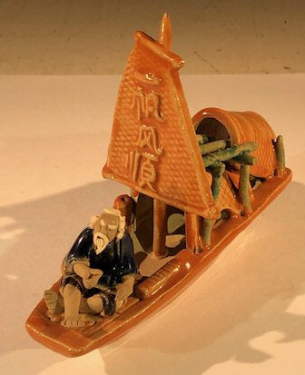 Man on Sampan Boat  Large Glazed Figurine - Culture Kraze Marketplace.com
