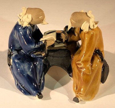 Ceramic Figurine Two Men Sitting On A Bench Scribing - 2.5" Color: Blue & Light Brown - Culture Kraze Marketplace.com