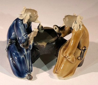 Ceramic Figurine Two Men Sitting On A Bench - 2.5" Color: Blue & Light Brown - Culture Kraze Marketplace.com
