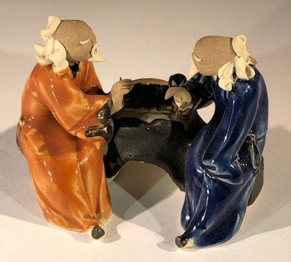 Ceramic Figurine Two Men Sitting On A Bench Playing Chess - 2.5" Color: Orange & Blue - Culture Kraze Marketplace.com