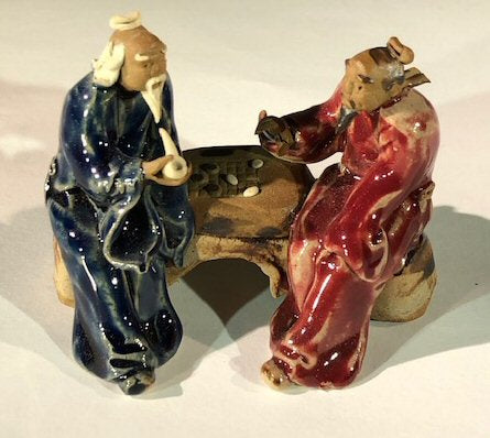 Ceramic Figurine Two Men Sitting On A Bench Playing Chess - 3" Color: Blue & Red - Culture Kraze Marketplace.com