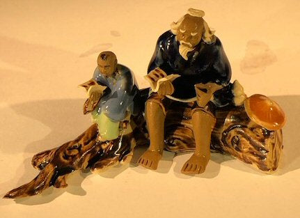 Miniature Ceramic Figurine Father & Son Sitting on a Log Reading Books - 2.5" Color : Powdered Blue and Blue - Culture Kraze Marketplace.com